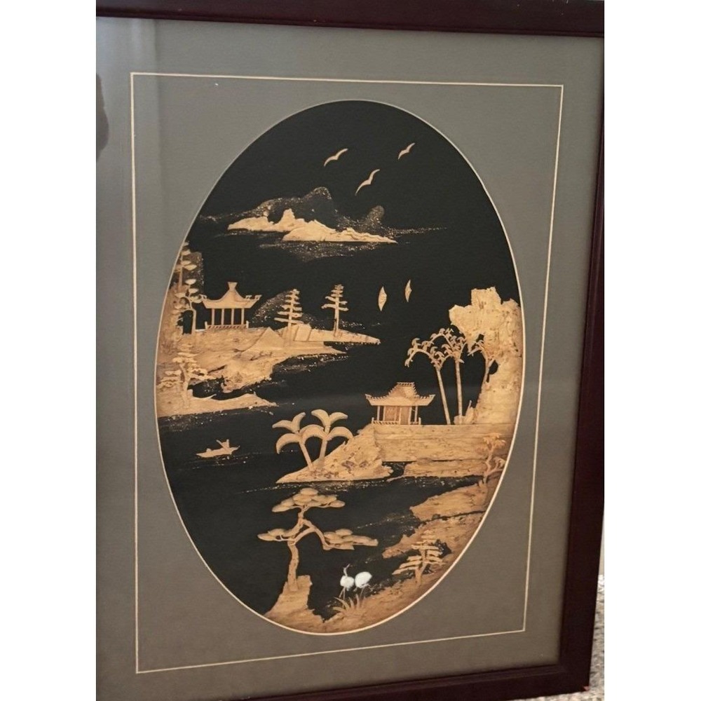 Vintage Asian Landscape Cork Art Framed Oval Scene‎ Pagoda Cranes Home Decor